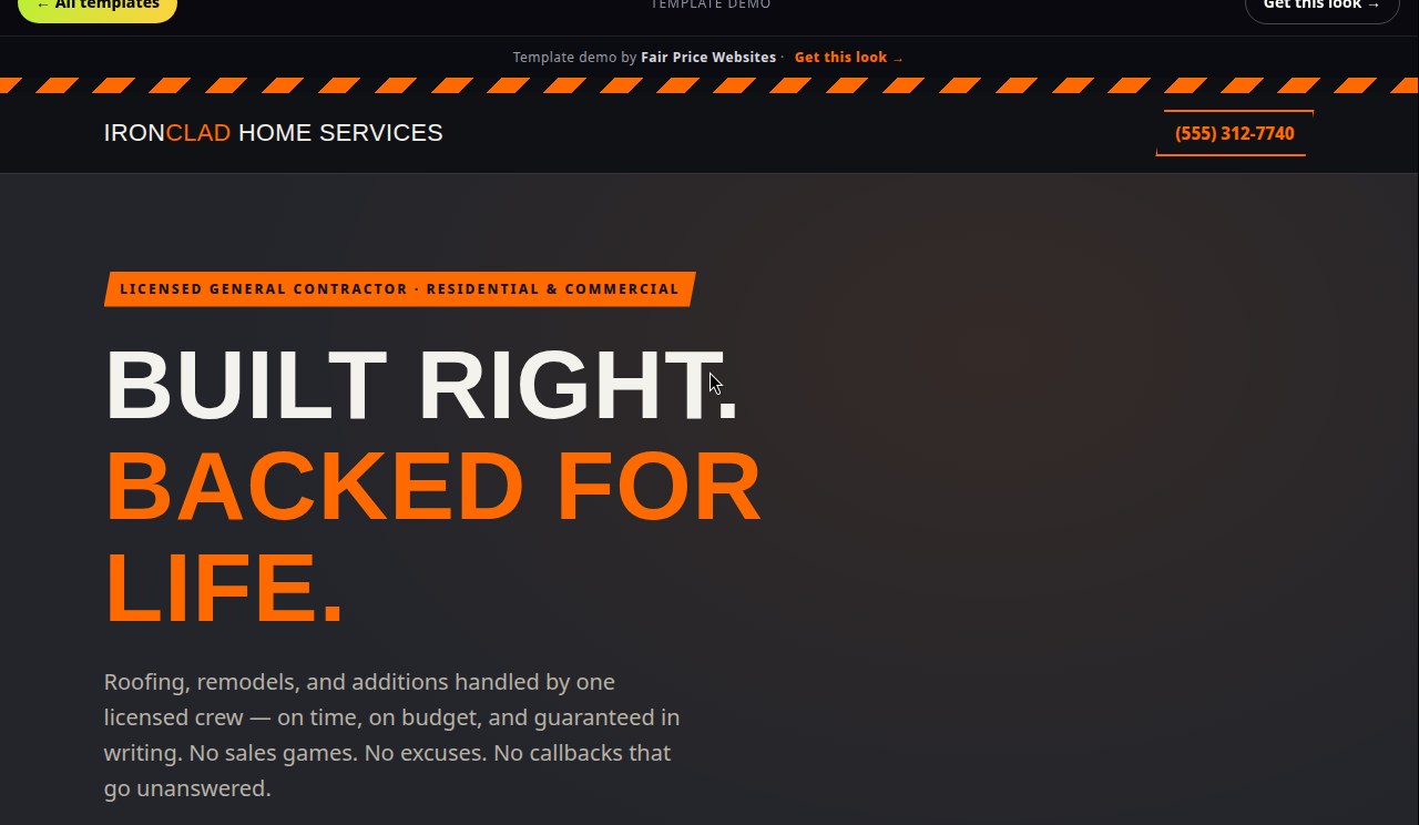 Ironclad template — bold industrial contractor homepage in safety orange and steel