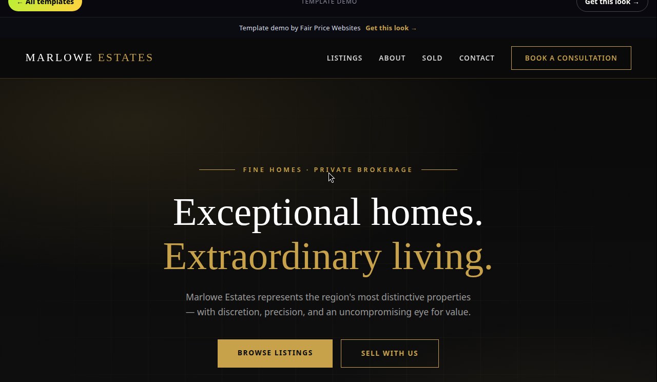 Marlowe Estates template — black, white, and gold luxury real estate homepage