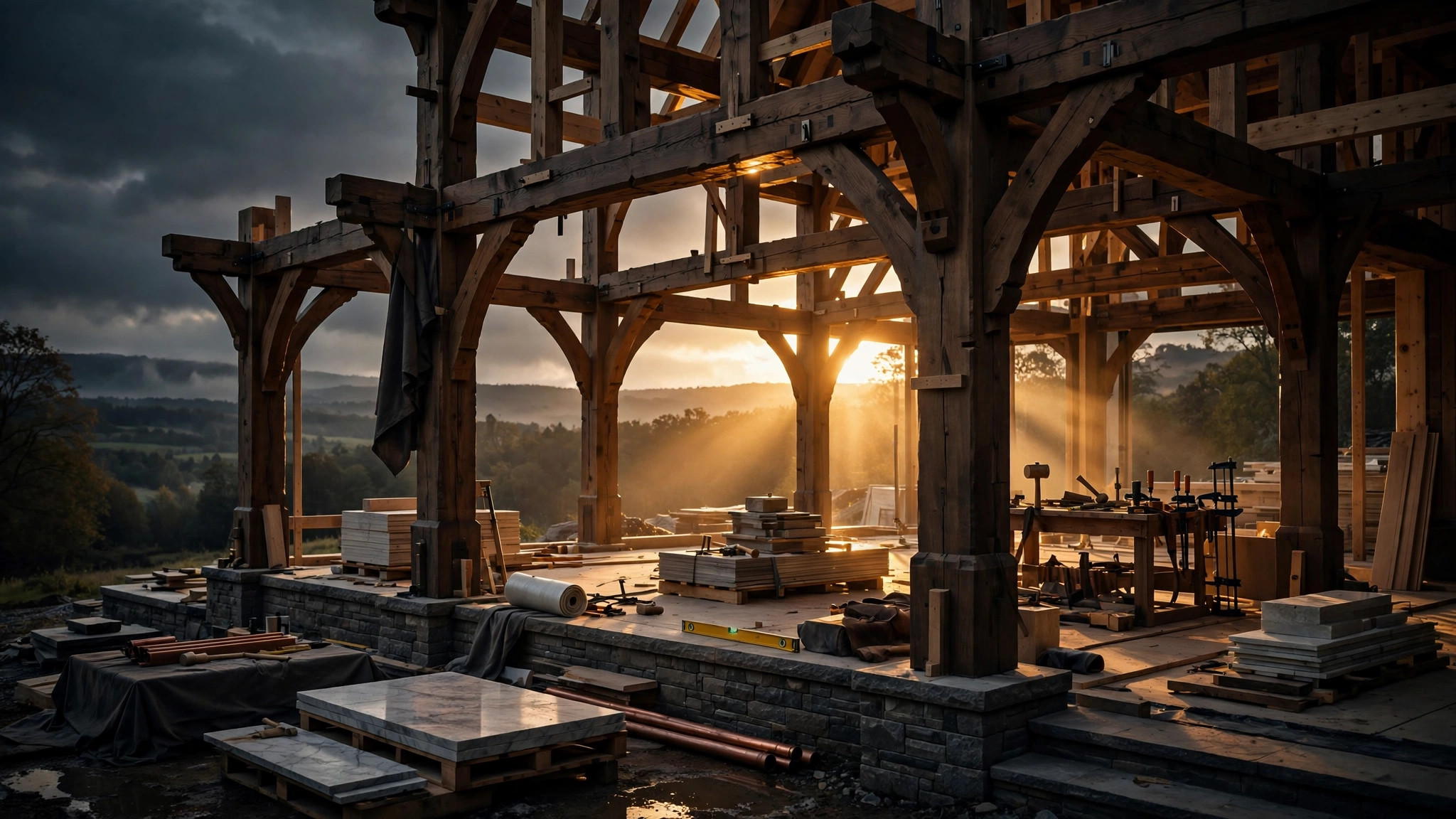 A luxury home under construction, timber framing in golden light