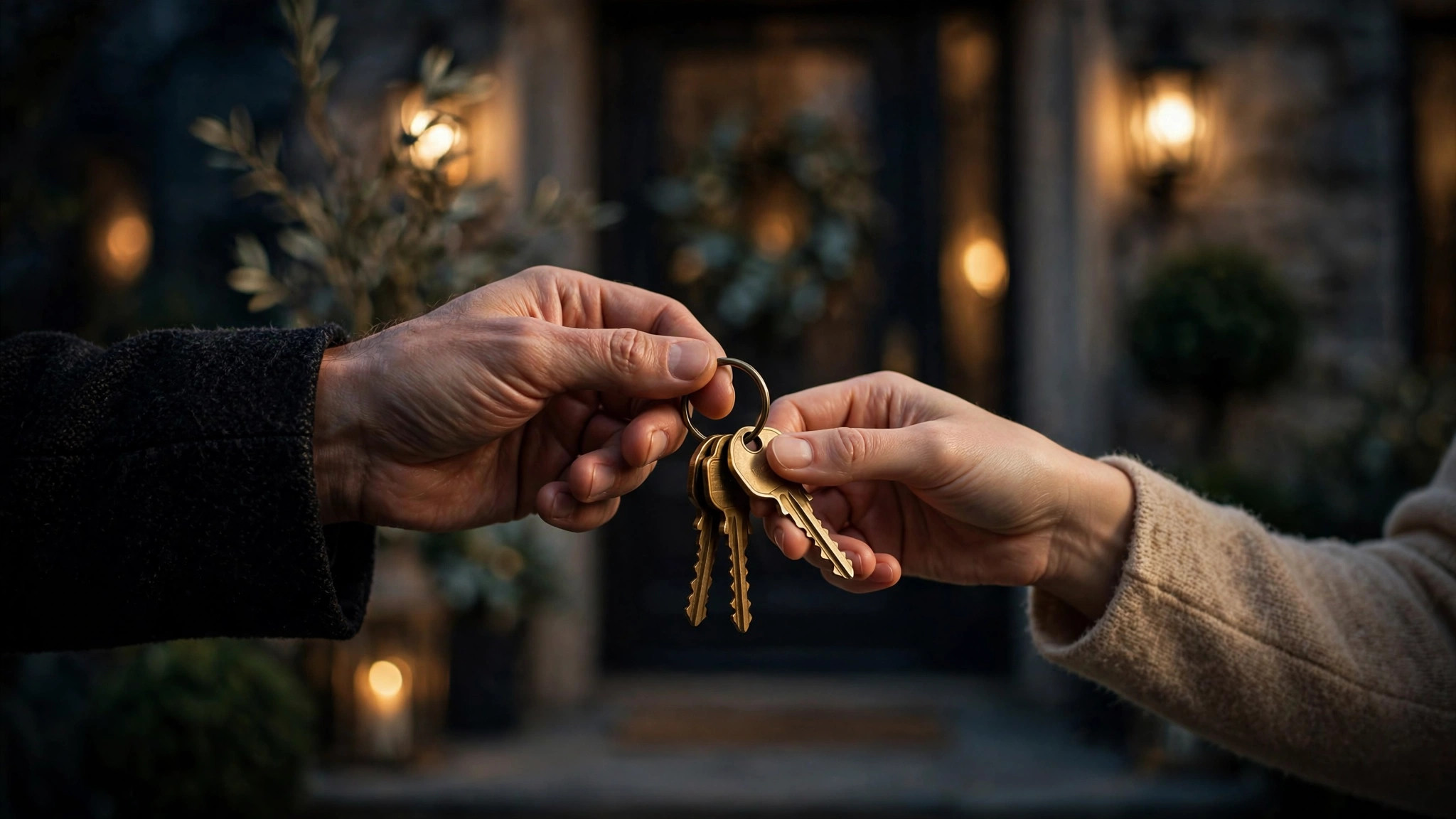 Hands exchanging brass house keys at a luxury home entrance