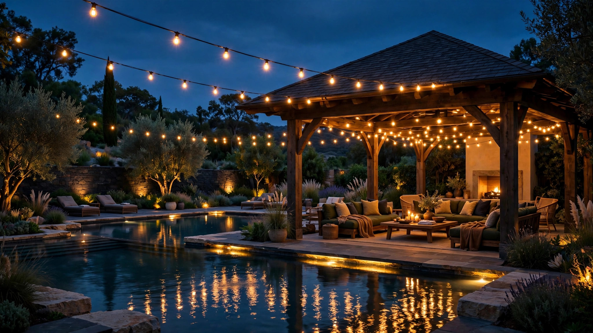 Resort-style pool and outdoor pavilion at dusk